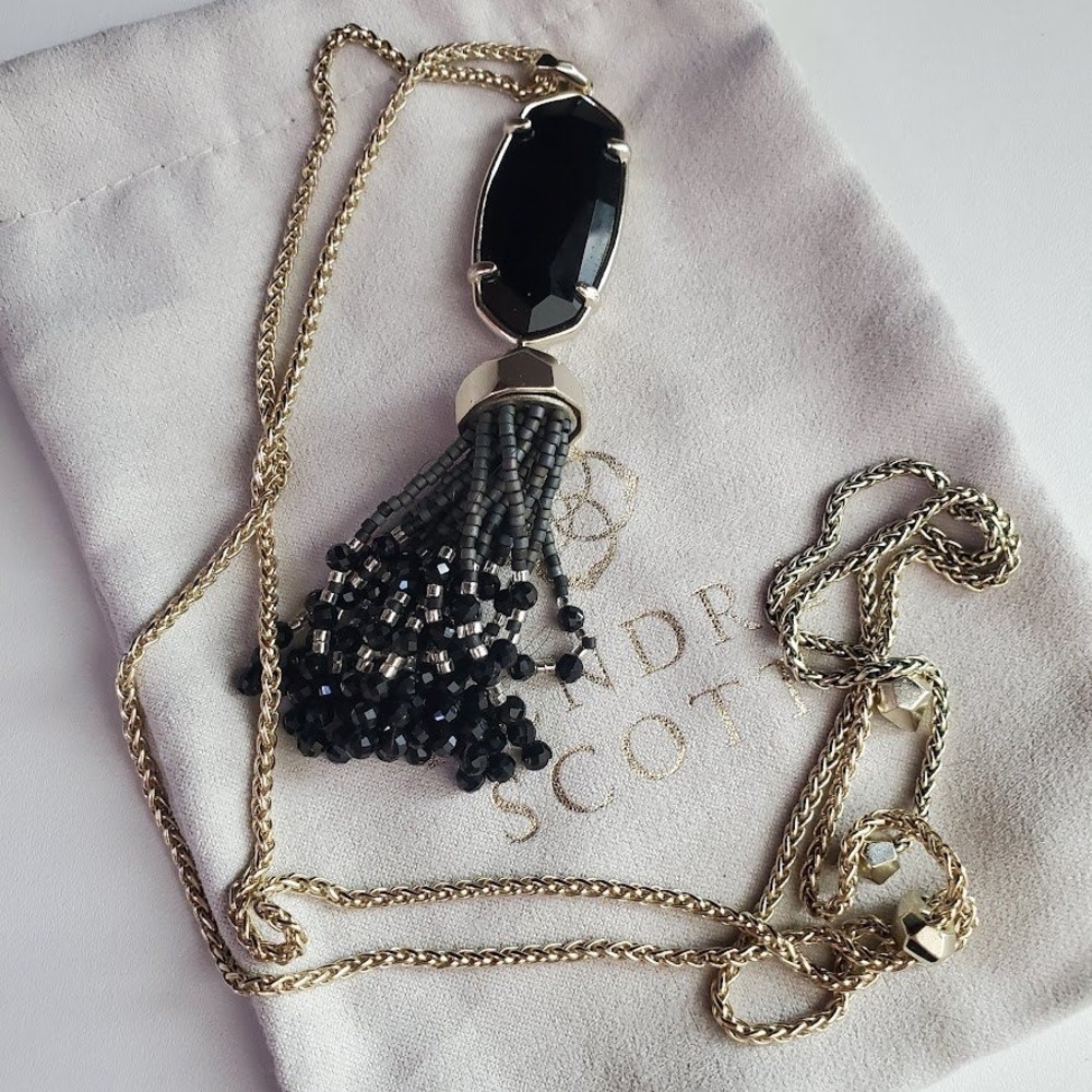 Kendra Scott Eva Gold Long Tassel Necklace Black Opaque Glass Beaded Pendant - Picture 1 of 9
